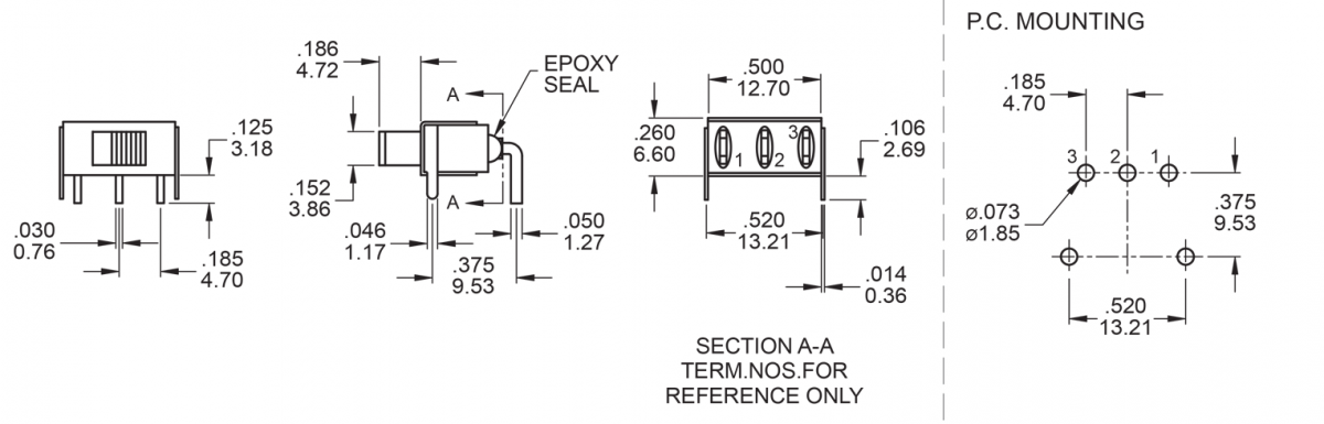 M6 SPDT drawing, Slide Switch, RJS Electronics Ltd.