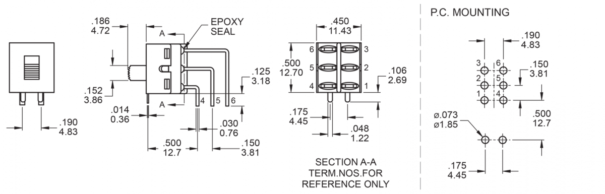 M7 DPDT drawing, Slide switch, RJS Electronics Ltd.