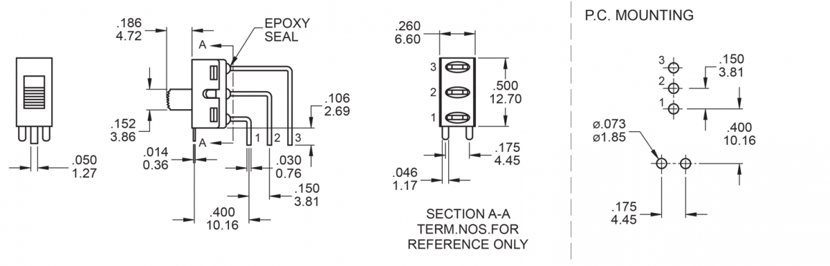 M7 SPDT drawing, Slide Switch, RJS Electronics Ltd.