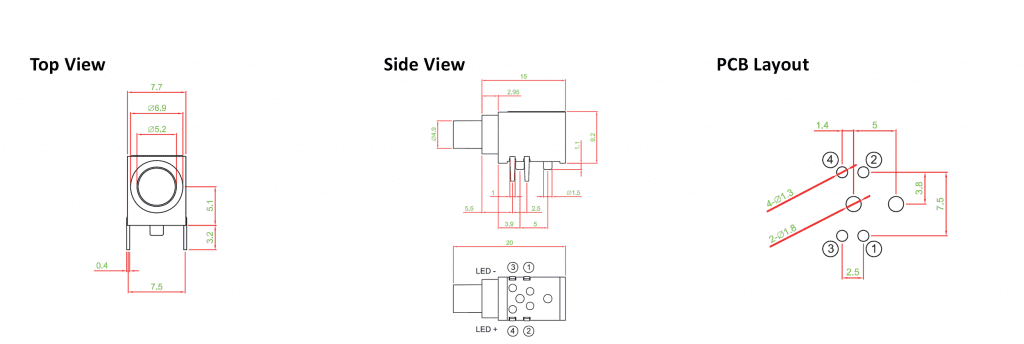 drawing for led illuminated pcb push button, rjs electronics ltd