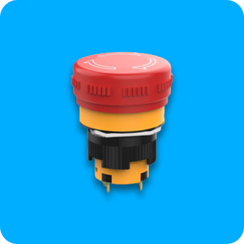 Emergency stop switch, e-stop button, push button, panel mount switches, short body, industrial controls, rjs electronics ltd