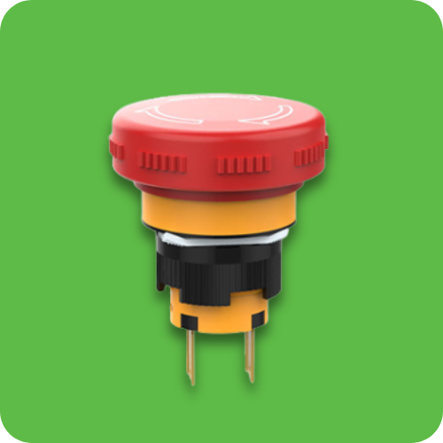 Emergency stop switch, e-stop button, push button, panel mount switches, short body, industrial controls, rjs electronics ltd