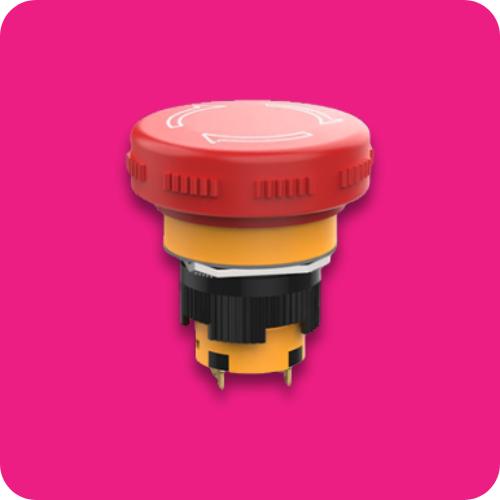 Emergency stop switch, e-stop button, push button, panel mount switches, short body, industrial controls, rjs electronics ltd