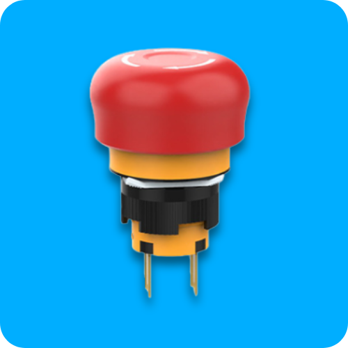 Emergency stop switch, e-stop button, push button, panel mount switches, short body, industrial controls, rjs electronics ltd