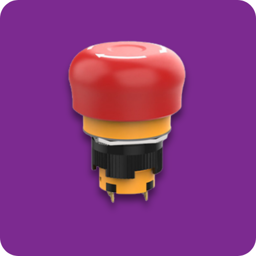 Emergency stop switch, e-stop button, push button, panel mount switches, short body, industrial controls, rjs electronics ltd