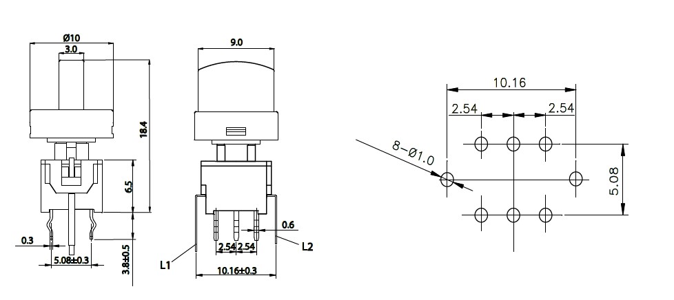 Drawing for PB61301 pcb led push button switch, rjs electronics ltd