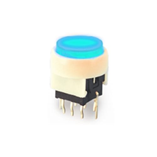 PB6134F_ Blue - PCB, round Illuminated LED switch availble with single/bi-colour LED illumination. Select from momentary and latching push button function. RJS Electronics Ltd.