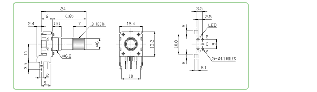 PCB- Pots, knobs & encoders, horizontal LED illuminated Encoder - single Colour drawing. - RJS Electronics Ltd