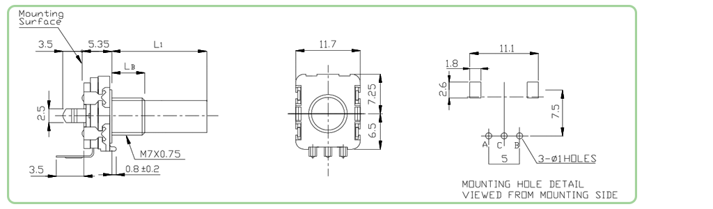 PCB- Pots, knobs & encoders, horizontal Non-Illuminated Encoder - drawing. - RJS Electronics Ltd