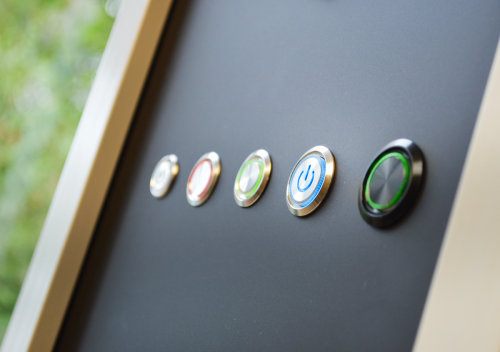 LED illuminated button, panel mount anti vandal push button switches on panel, led buttons, ring, power symbol, rjs electronics ltd