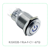 Panel Mount, Metal push button switch with LED illumination, power symbol. RJS Electronics Ltd, RJSX02E-19LA-F-C1~67Q