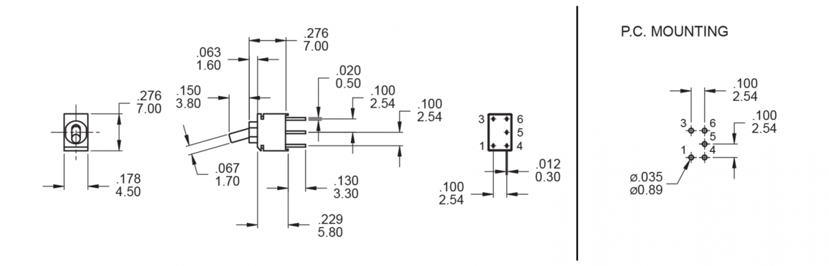 TOGGLE & ROCKER SWITCH, RJS 2U M2 - DRAWING - PCB MOUNTING.