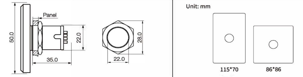 drawing for RJS-EX1 Series, exit button, rjs electronics ltd