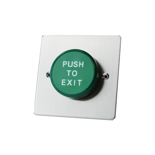 RJS-EX1-86~P Panel Mount, pre-mounted plastic push button switch, Door Exit Buttons, Non-illuminated, etching, stainless steel, aluminium, various size plates, RJS Electronics Ltd