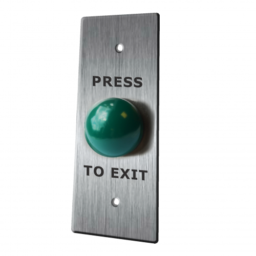 RJS-EX2-40S Panel Mount, pre-mounted plastic push button switch, Door Exit Buttons, Non-illuminated, etching, stainless steel, aluminium, various size plates. Available with domed push button, RJS Electronics Ltd