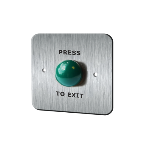 RJS-EX2-855S Panel Mount, pre-mounted plastic push button switch, Door Exit Buttons, Non-illuminated, etching, stainless steel, aluminium, various size plates. Available with domed push button, RJS Electronics Ltd