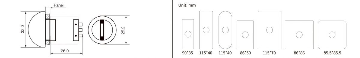 drawing for RJS-EX2 series exit button, rjs electronics ltd