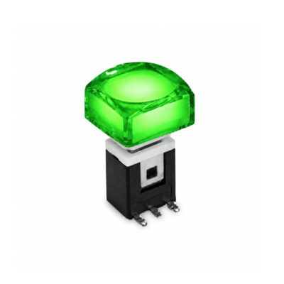 RJS-K2 15mm Push Button Switch Green illuminated push button with alternative caps, sigle, bi-colour LED illumination, led switches, RJS Electronics Ltd