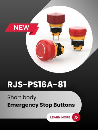 RJS-PS16A-81 emergency stop buttons, short body e-stop switches, plastic panel mount switches, RJS Electronics Ltd