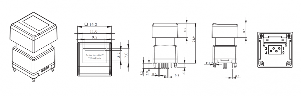 Drawing of RJS-SLC OLED display Push Button Switch, with 72*40 pixels OLED module and silent and smooth push button momentary function. IP rated, OLED illuminated display, RJS Electronics Ltd.