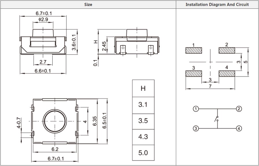RJS-TACT-D43-IP67 techinical drawing, tact switch, rjs electronics ltd