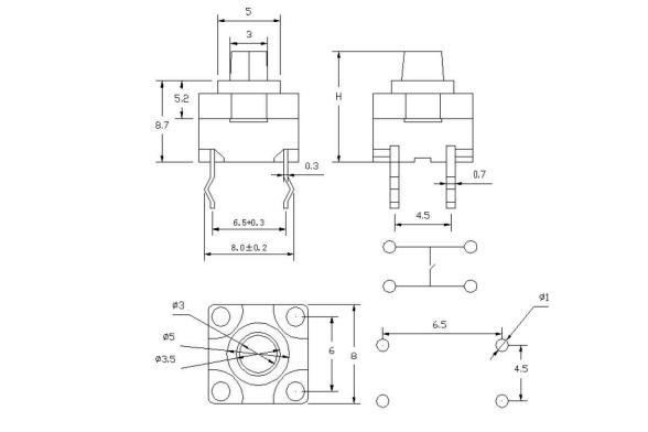 Tact switch technical drawing, rjs electronics ltd