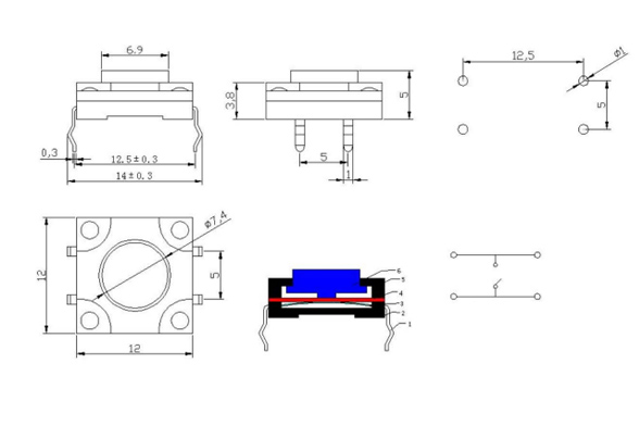Drawing for tact switch, RJS-TACT-D48-H-IP67, rjs electronics ltd