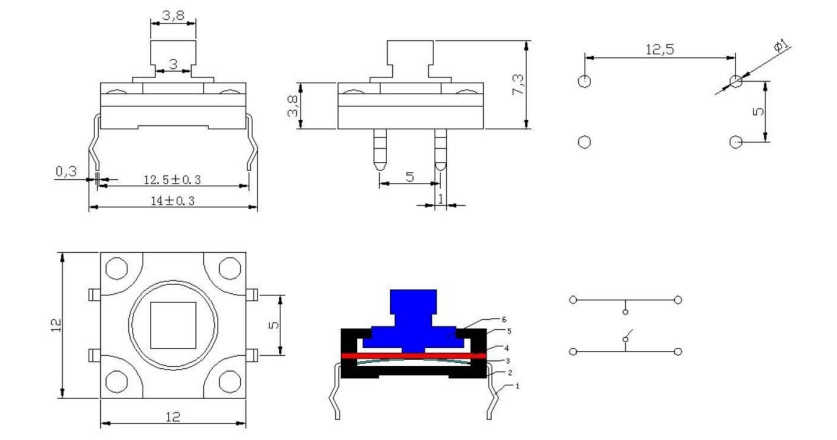 Tact switches, technical drawing, rjs electronics ltd