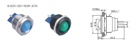 25mm led indicator, drawing, rjs electronics ltd