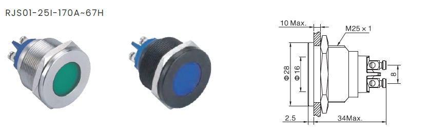 led indicator drawing, 25mm, rjs electronics ltd