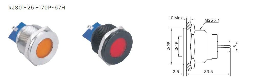 led indicator drawing, 25mm, rjs electronics ltd