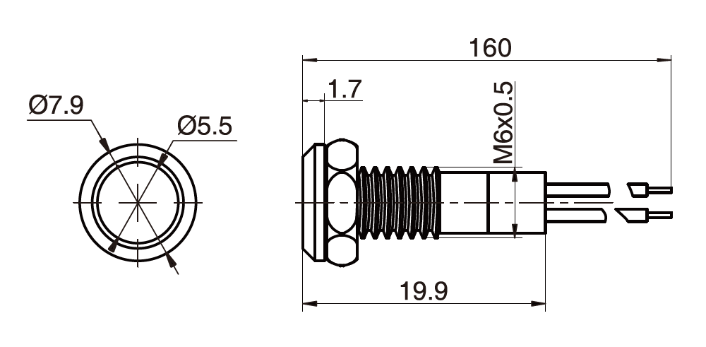 Drawing of RJS01-6I-130P~67J 6mm, LED indicator, panel mount, metal indicator, illuminated indicators, RGB LED, RJS Electronics Ltd