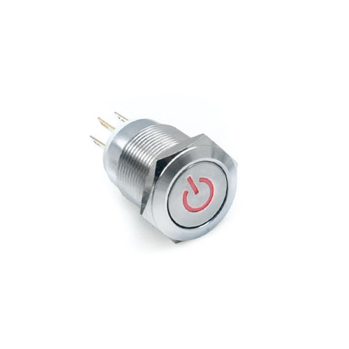 19mm metal antivandal push button switch with RED power LED illumination, panel mount, IP rated vandal switch, rjs electronics ltd