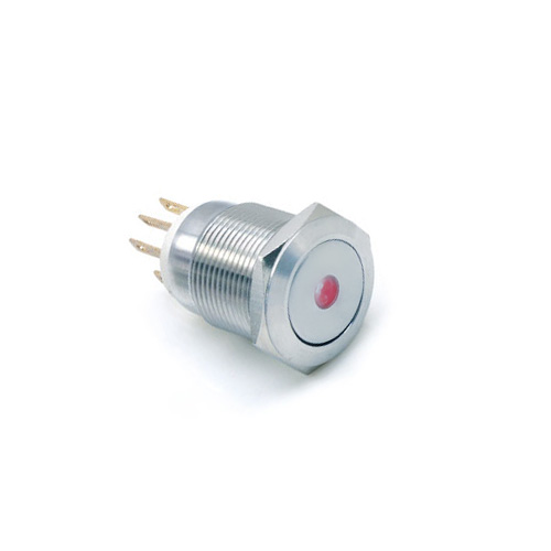 19mm metal antivandal push button switch with red dot LED illumination, panel mount, IP rated vandal switch, rjs electronics ltd