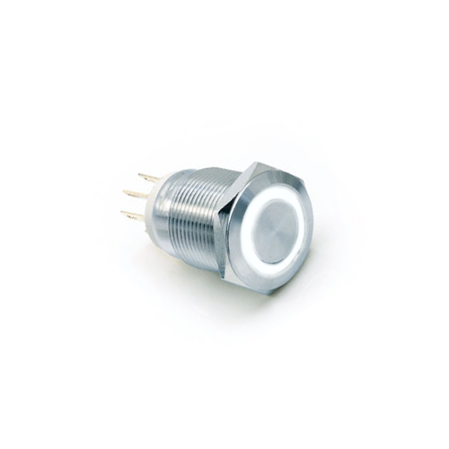 19mm metal push button switch, with LED illumination, LED Illumination, High Head, Flat Head, Momentary, Latching, Ring LED illumination, Power Symbol, custom finishes, single LED illumination, RJS Electronics Ltd