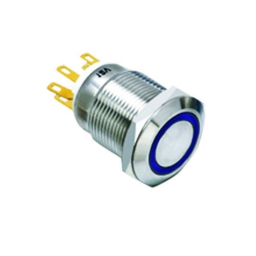 19mm metal push button switch, ring LED illuminated, antivandal switch, panel mount RJS Electronics Ltd