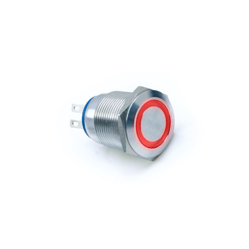 19mm metal push button switch, with LED illumination, LED Illumination, High Head, Flat Head, Momentary, Latching, Ring LED illumination, Power Symbol, custom finishes, single LED illumination, RJS Electronics Ltd