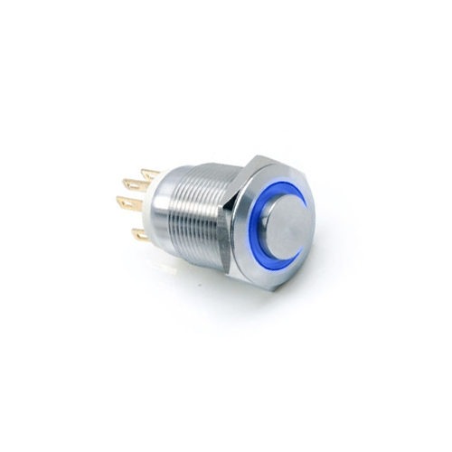 19mm metal push button switch, with LED illumination, LED Illumination, High Head, Flat Head, Momentary, Latching, Ring LED illumination, Power Symbol, custom finishes, single LED illumination, RJS Electronics Ltd