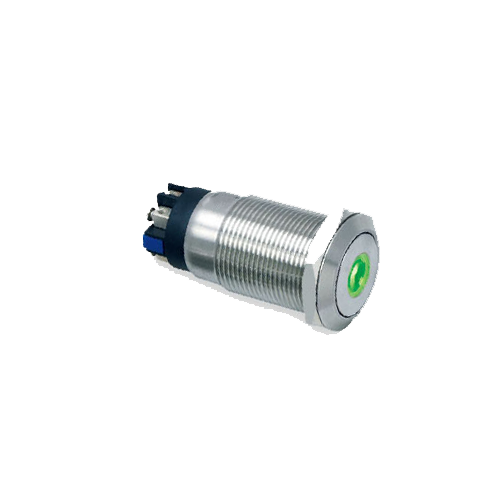 19mm metal push button switch, with LED illumination, LED Illumination, High Head, Flat Head, Momentary, Latching, Ring LED illumination, Power Symbol, custom finishes, single LED illumination, RJS Electronics Ltd