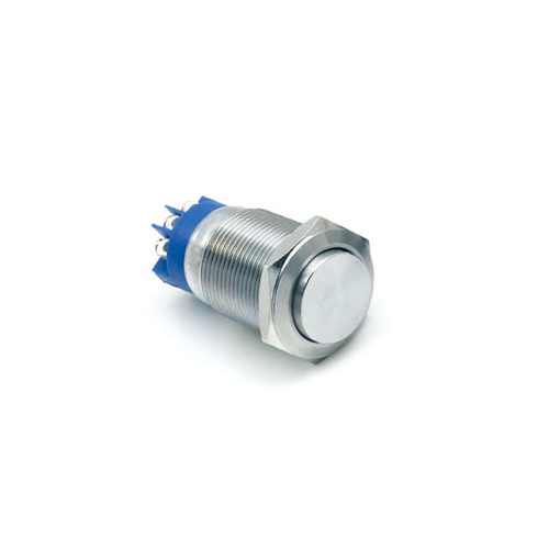 19mm metal push button switch, with LED illumination, LED Illumination, High Head, Flat Head, Momentary, Latching, Ring LED illumination, Power Symbol, custom finishes, single LED illumination, RJS Electronics Ltd