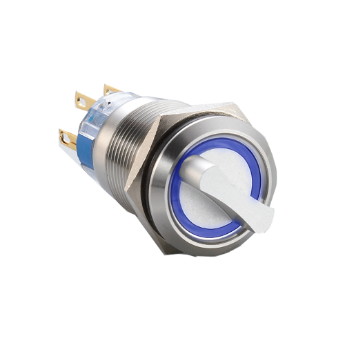 Ring LED-illuminated metal selector switch, available with 2 postions or 3 positions. SPDT/DPDT, non-illuminated, selector switch with ring LED illumination. Single, LED illumination available. IP65 / IP67J rated at the front. Stainless steel or annodised aluminium. Voltage varies. RJS Electronics Ltd.