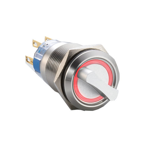 Ring LED-illuminated metal selector switch, available with 2 postions or 3 positions. SPDT/DPDT, non-illuminated, selector switch with ring LED illumination. Single, LED illumination available. IP65 / IP67J rated at the front. Stainless steel or annodised aluminium. Voltage varies. led switches RJS Electronics Ltd.