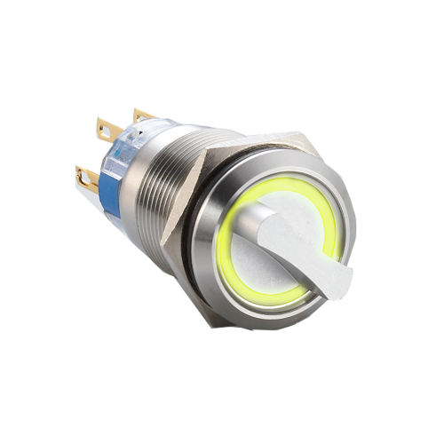 Ring LED-illuminated metal selector switch, available with 2 postions or 3 positions. SPDT/DPDT, non-illuminated, selector switch with ring LED illumination. Single, LED illumination available. IP65 / IP67J rated at the front. Stainless steel or annodised aluminium. Voltage varies. RJS Electronics Ltd.