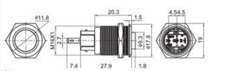 16mm antivandal switch drawing, high head, rjs electronics ltd