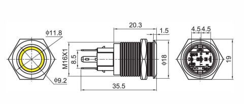 16mm antivandal switch drawing, dot led, rjs electronics ltd