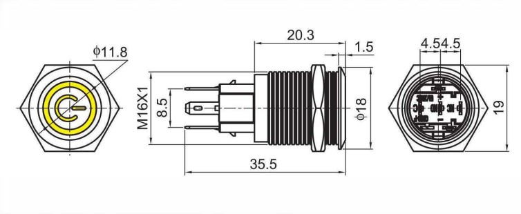 16mm antivandal switch drawing, power symbol led, rjs electronics ltd