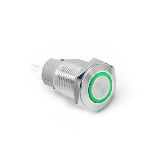16mm Panel mount, push button switches, metal switches, anti-vandal push button switches available with LED illumination options. Ring, dot, power symbol or custom etching or stamping available. Push button switch available as flat head, high head or ball head switch. Or select for non-illuminated metal switch. Solder lug or screw terminals, all push button switches are IP rated and available with connectors and custom wiring options. Custom switch finishes from brushed steel, anodised black, brass, polished brass and coloured metals. Choose from momentary or latching functions, speak to our sales team direct.