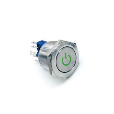 22mm metal push button switch, with LED illumination, High Head, Flat Head, Momentary, Latching, Ring LED illumination, Power Symbol, custom finishes, single LED illumination, LED SWITCHES, RJS Electronics Ltd