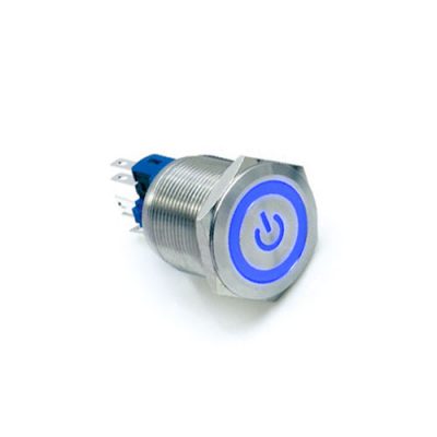 22mm metal push button switch, with LED illumination, High Head, Flat Head, Momentary, Latching, Ring LED illumination, Power Symbol, custom finishes, single LED illumination, LED SWITCHES, RJS Electronics Ltd