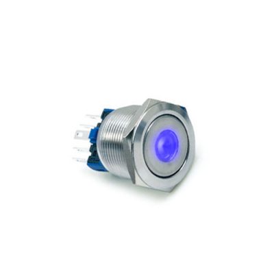 22mm metal push button switch, with LED illumination, High Head, Flat Head, Momentary, Latching, Ring LED illumination, Power Symbol, custom finishes, single LED illumination, LED SWITCHES, RJS Electronics Ltd